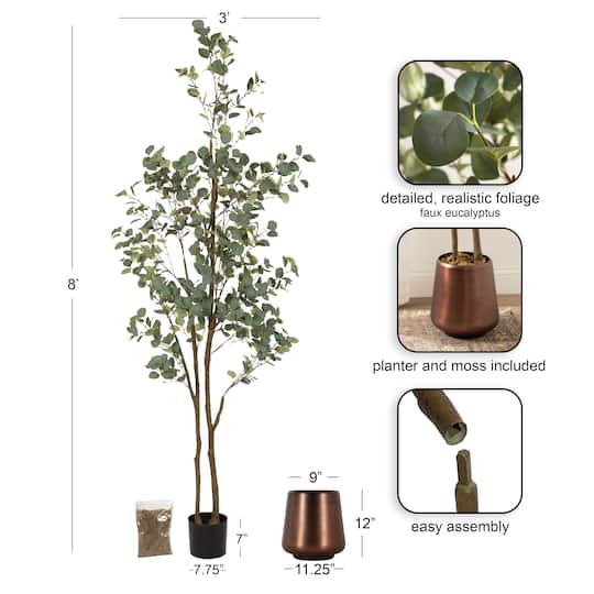 Kate and Laurel 8ft. Eudora Faux Eucalyptus Tree with Round Metal Planter